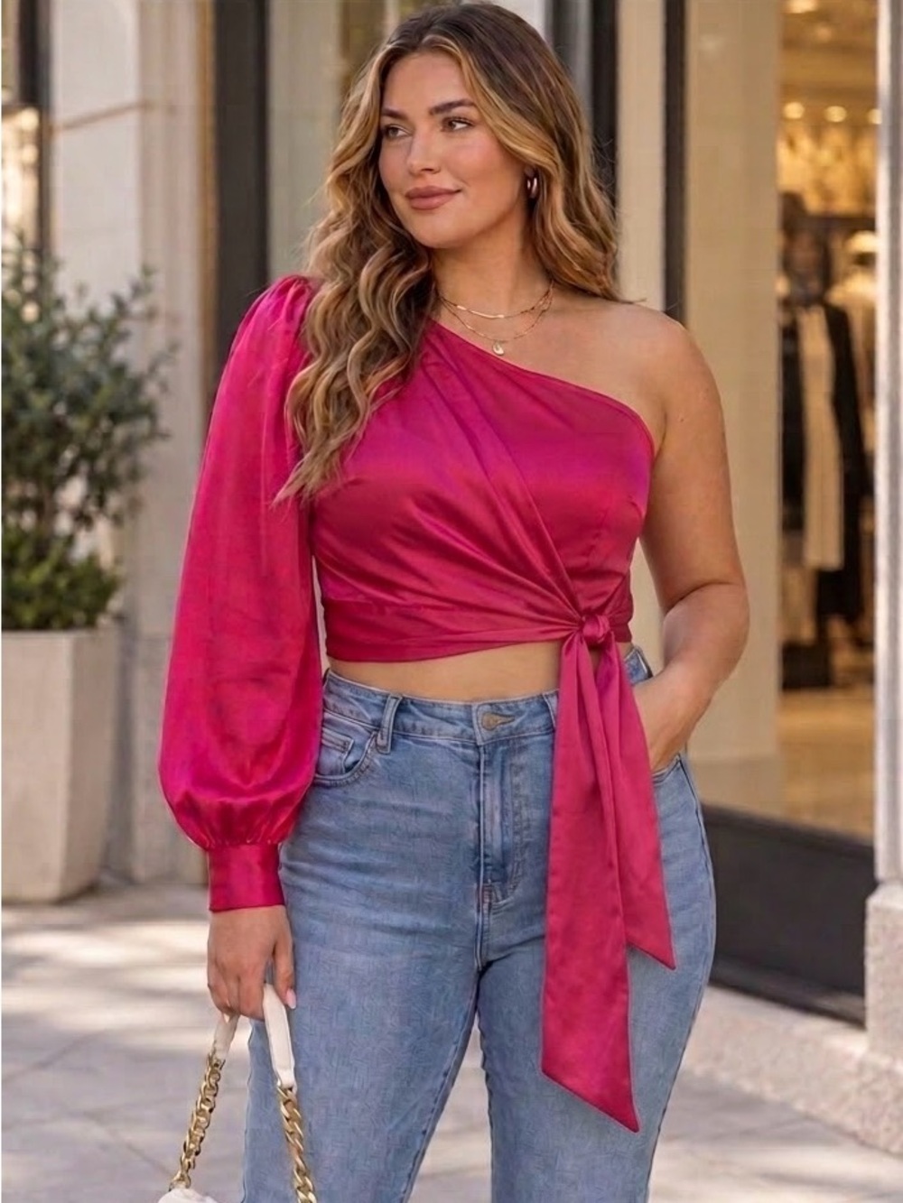 Sugar Lips Avalon Bright Pink One Shoulder Top Size Large NWT